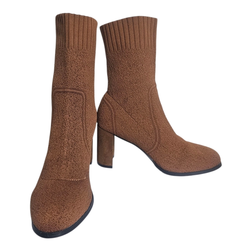 CUCCOO Women's Stretchy Ankle High Heel Almond Toe Boots in Brown US 7